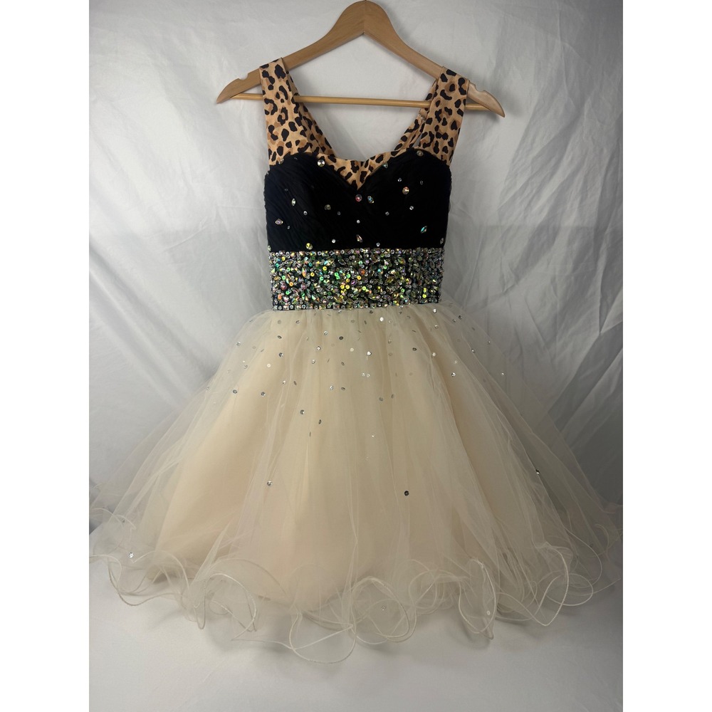 Mori Lee Size 8 Black‎ Jeweled Tulle Homecoming Dress Leopard Straps